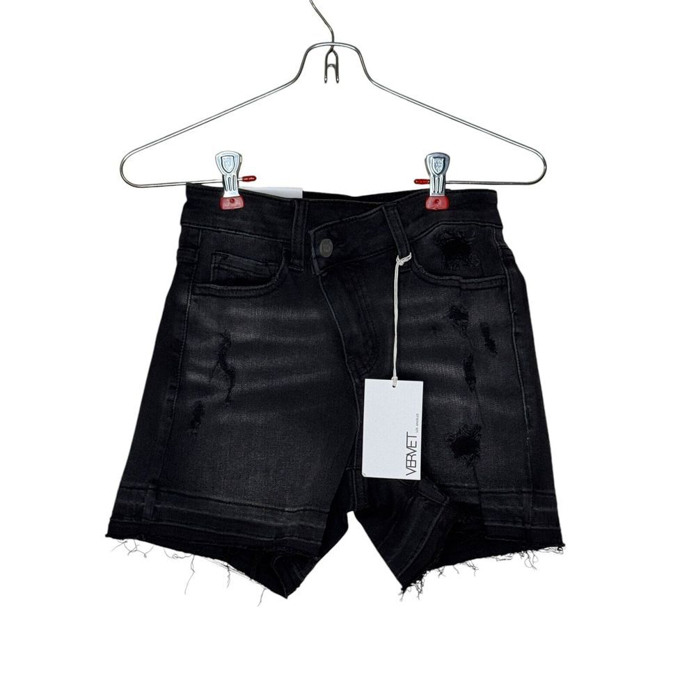 Vervet Women's Shorts‎ Rebecca High-Rise Raw Hem Bermuda Denim Black Sz. XS NWT